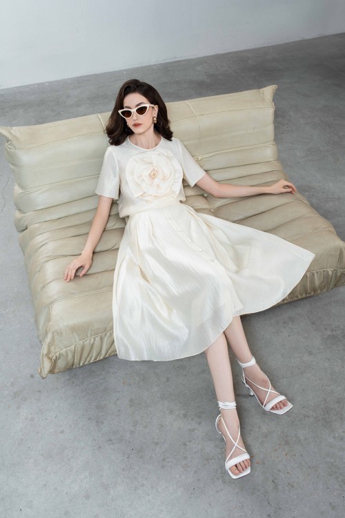 Sixdo Cream Organza Midi Skirt